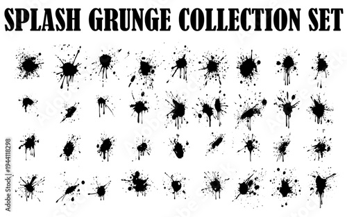 Black ink splatter isolated on white background. Vector watercolor paint brush texture. Ink splash and stain set. Grunge spray drop spatter, dirty blot splatters and splat.