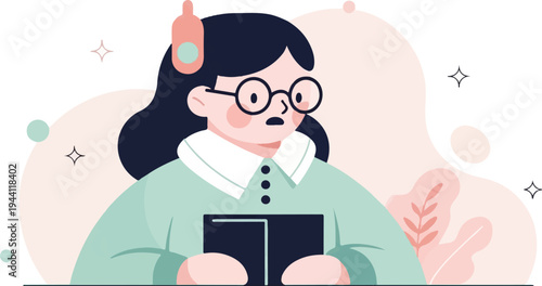 Stylized illustration of a studious person with glasses and headphones, holding a book