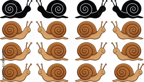 cute snail pattern set, flat vector illustration, cartoon snails collection, brown and black spiral shell mollusk crawling nature icon design