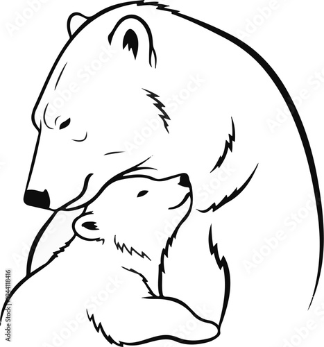 Stylized line art of a mother polar bear embracing her cub