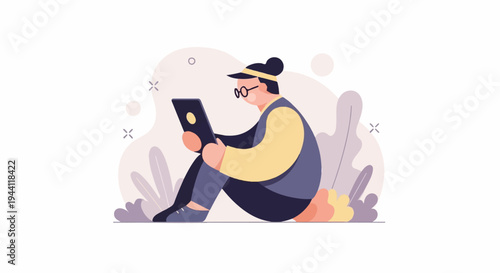 Person in casual clothes using a tablet device on a white background