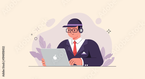 Person in suit and cap with headphones works on laptop