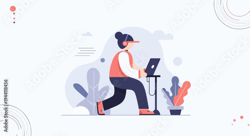 Person wearing headset, working on laptop while standing next to plants and abstract shapes