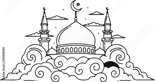 Stylized mosque with crescent moon, dome, minarets, and swirling clouds