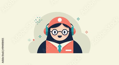 Cheerful cartoon person with headphones and glasses, wearing a vest