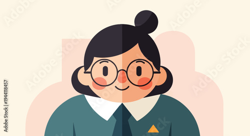 Stylized illustration of a woman wearing glasses and a dark green jacket
