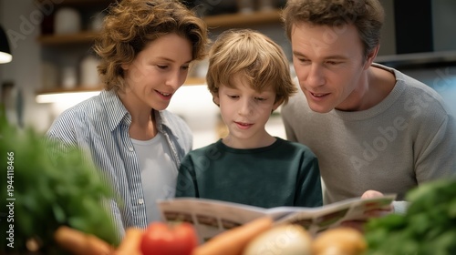 Budget conscious family comparing grocery store flyers and planning weekly meals on kitchen island with fresh produce arranged nearby, meal prep economics, perfect for frugal living, nutrition