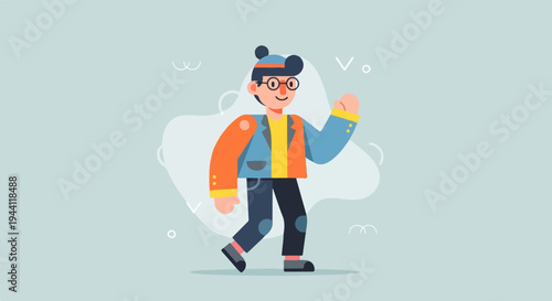 Cheerful person walking and waving with a stylish outfit