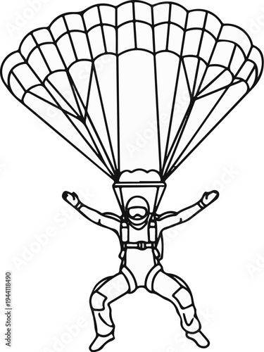 Stylized outline drawing of a skydiver with open parachute descending