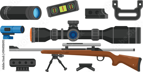 Precision sniper rifle with scope and accessories set, tactical shooting equipment optics bipod hunting firearm vector illustration isolated gear collection