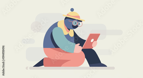 Stylized figure with hat and glasses on laptop