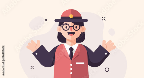 Cheerful person in uniform with arms spread, wearing a hat and glasses