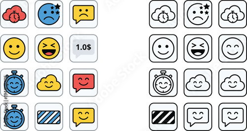 emoji reaction icons set, user interface emoticons collection with smile sad angry chat expressions for messaging apps design, flat vector illustration
