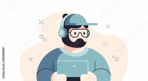 Person wearing headphones and glasses, holding a laptop, with abstract shapes