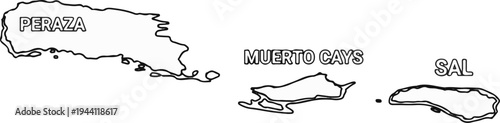 Line art outlines of three island clusters labeled "PERAZA", "MUERTO CAYS", and "SAL