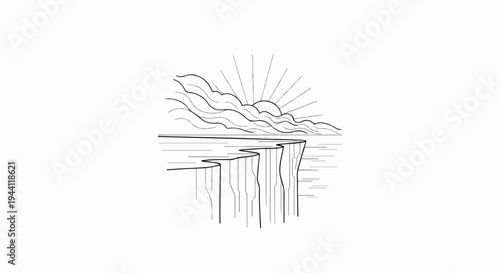Stylized cliff edge overlooking water under a sunburst and clouds