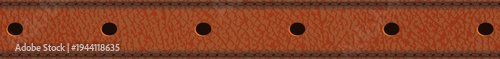 Brown leather belt strap with punched holes and stitched edges, realistic horizontal leather border isolated on white background for fashion mockups and templates