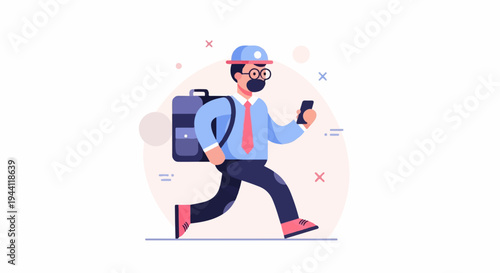 Man in mask and tie runs with backpack and phone