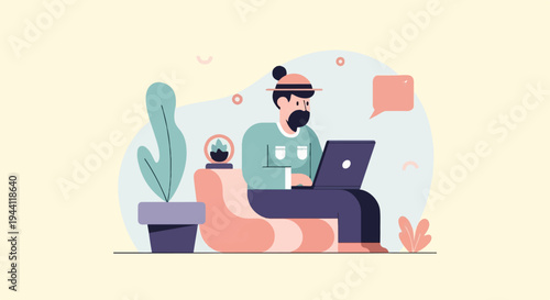 Flat illustration of a person working on a laptop in a relaxed setting
