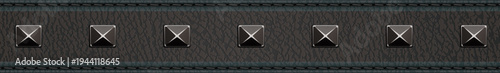 Dark leather strip with metal studs and stitched edges, realistic punk belt strap banner border isolated on white background for UI and design elements
