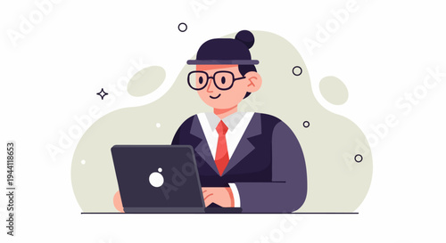 Person in suit and tie with glasses and hat at laptop
