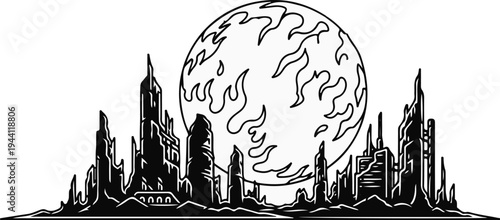Futuristic cityscape with a large, fiery planet overhead