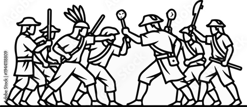 Stylized scene of warriors in battle with spears and clubs