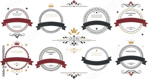 Luxury vintage badge labels with ornamental frames ribbon banners and royal crown elements for premium branding packaging vector illustration set