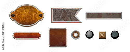 Leather label and button elements set with oval badge, ribbon tag, rectangle plates and round icons, stitched realistic textures isolated on white background