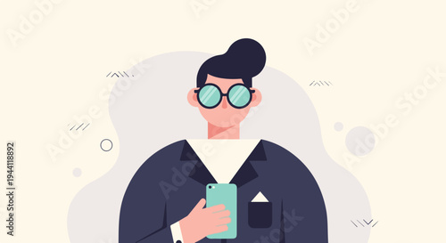 Person in suit with round glasses holding a mobile phone