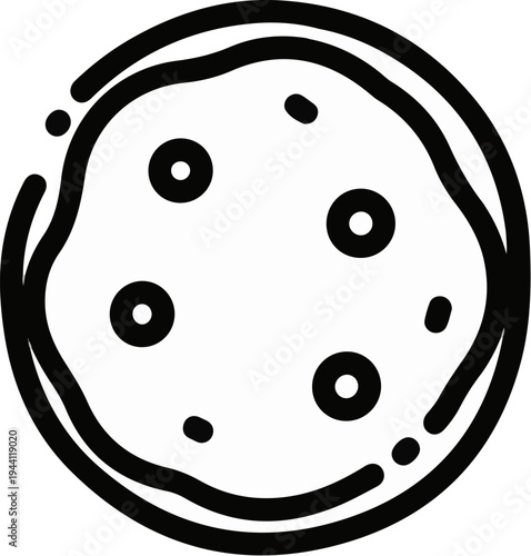 A simple black and white line drawing of a round cookie with chocolate chips