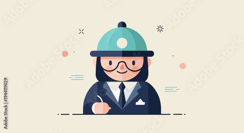 Stylized figure in a suit and helmet, holding a pen