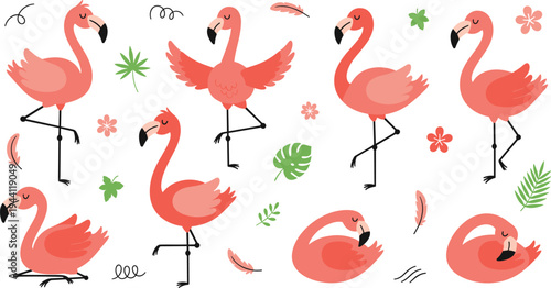 Cute Flamingo Cartoon Vector Collection Featuring Adorable Pink Flamingos Standing, Walking, Flying and Resting with Tropical Leaves and Nature Elements.