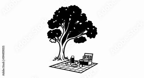 Picnic setup under a large tree with a checkered blanket, basket, thermos, and cups