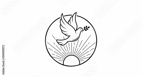 Stylized dove with olive branch flies over radiating sun in circle