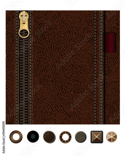 Leather notebook or cover mockup with vertical zipper and stitched border, brown textured leather background with color swatches icons, realistic UI template