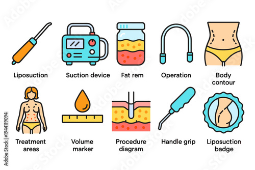 Medical and cosmetic flat icon set. Liposuction and body contour icons collection