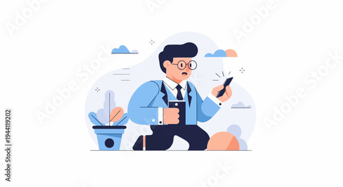 Stressed businessman kneeling with phone and tablet, looking worried