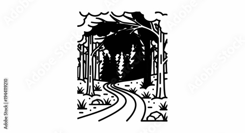 Winding path through a stylized, dark forest with overhead foliage
