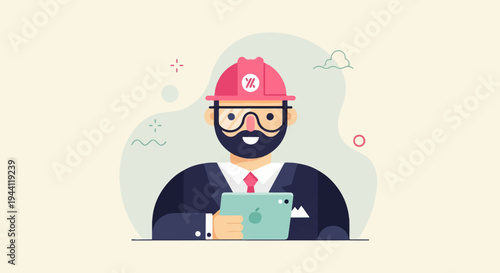 Cartoon engineer with hard hat and tablet, flat design, business concept
