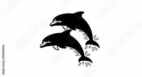 Two playful black dolphins leap from the water, splashing playfully