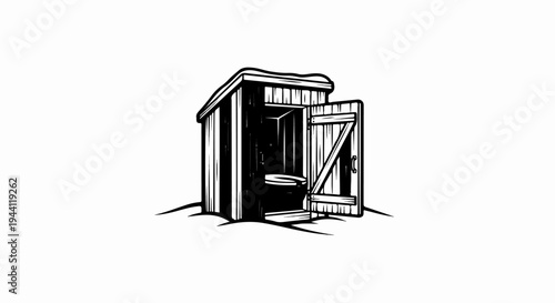Rustic wooden outhouse with door ajar revealing an interior seat