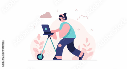 Person on scooter with laptop, listening to music