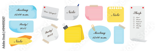 Set of stickers, reminders in cartoon style. Vector illustration of notes with paperclip, binder, for planning, inscriptions of meetings, parties, grocery shopping isolated on white background.