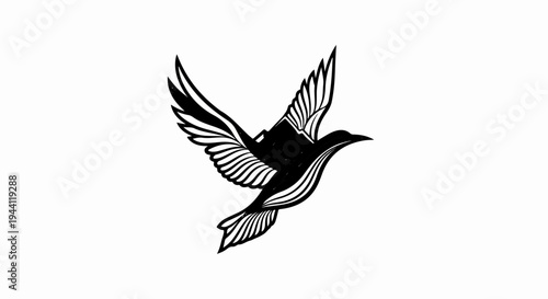 Black ink illustration of a bird with wings spread, carrying a mountain