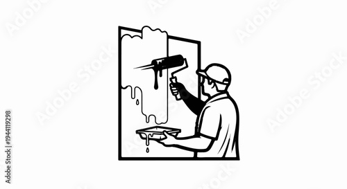 Person painting a wall with a roller, paint drips on tray