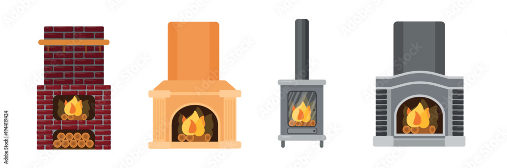 Fototapeta premium Set of fireplaces, stoves in cartoon style. Vector illustration of different types of home brick, stone fireplaces, fireboxes with flames, firewood isolated on white background. Heating the room.