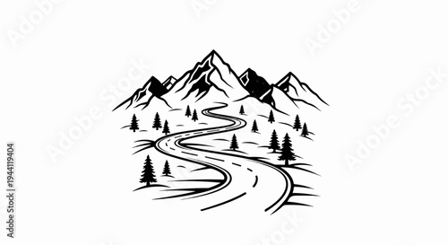 Winding road through a mountainous landscape with scattered evergreen trees