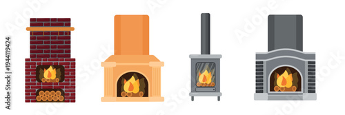 Set of fireplaces, stoves in cartoon style. Vector illustration of different types of home brick, stone fireplaces, fireboxes with flames, firewood isolated on white background. Heating the room.