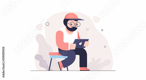 Flat design illustration of a person wearing a cap and glasses, using a tablet